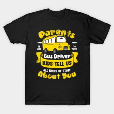 Black humorous t-shirt with yellow school bus graphic and playful text, ideal for casual wear.