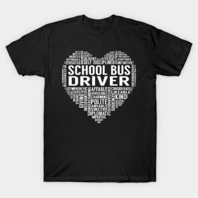Black "School Bus Driver" T-shirt with heart-shaped text design, casual style, cotton material.