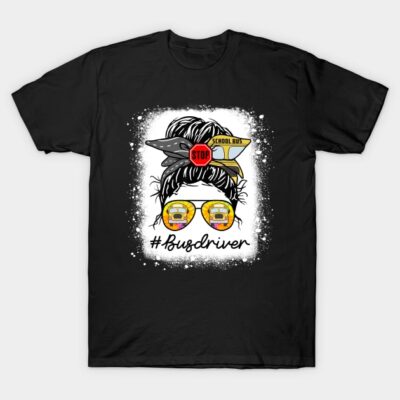Black T-shirt with school bus design and #BusDriver print, casual cotton apparel for drivers or bus enthusiasts.