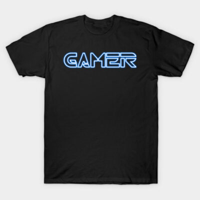 "Black cotton t-shirt with neon blue 'Gamer' text, casual style for gaming enthusiasts, unisex design."