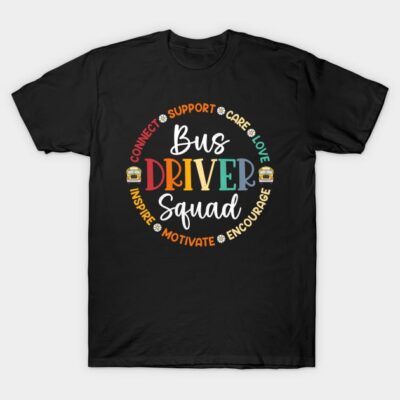 Black "Bus Driver Squad" T-shirt with colorful text and school bus graphics, perfect for casual wear and gifting.