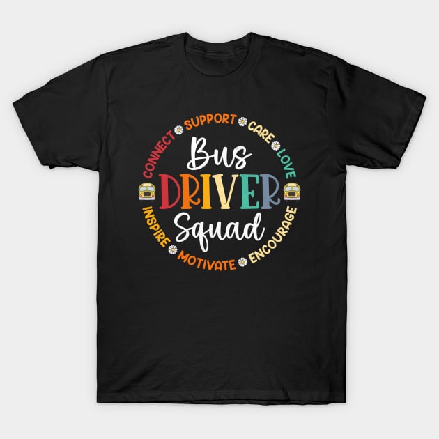 Black "Bus Driver Squad" T-shirt with colorful text and school bus graphics, perfect for casual wear and gifting.