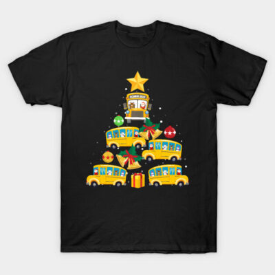 Black T-shirt with festive yellow school bus Christmas tree design, featuring colorful ornaments and a star.