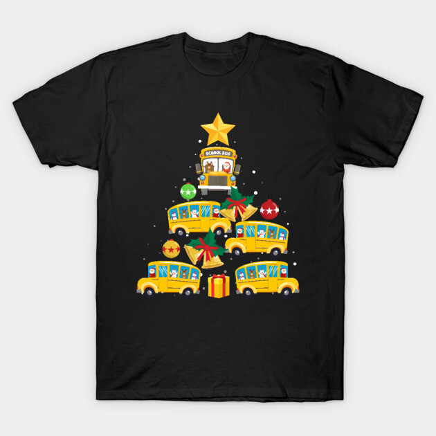Black T-shirt with festive yellow school bus Christmas tree design, featuring colorful ornaments and a star.