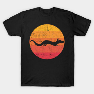 Black t-shirt with distressed sunset circle and lizard silhouette design, casual wear, cotton material.