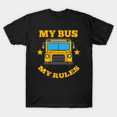 Black T-shirt with "My Bus My Rules" graphic, featuring a yellow school bus illustration, casual and comfortable.