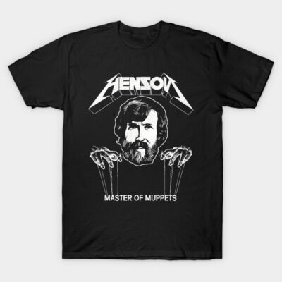 Black graphic t-shirt with "Master of Muppets" print, featuring puppet design, casual style, cotton material.