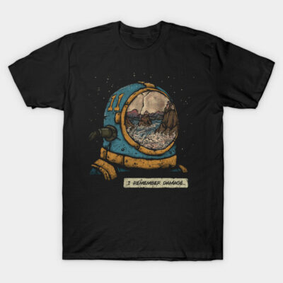 Black T-shirt with vintage astronaut helmet design, blue and yellow colors, graphic style, ideal for casual wear.