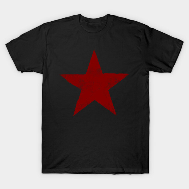 Black t-shirt with red star graphic, casual style, cotton material, ideal for everyday wear and unique fashion statement.