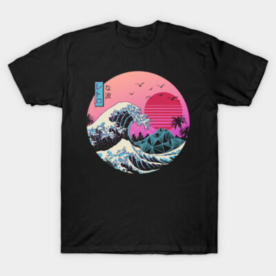 Black t-shirt with retro wave design, featuring a vibrant sunset and ocean graphic, ideal for casual wear.