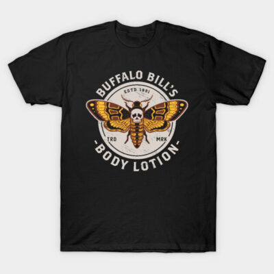 Black graphic t-shirt featuring a vintage-style moth design with "Buffalo Bill's Body Lotion" text.