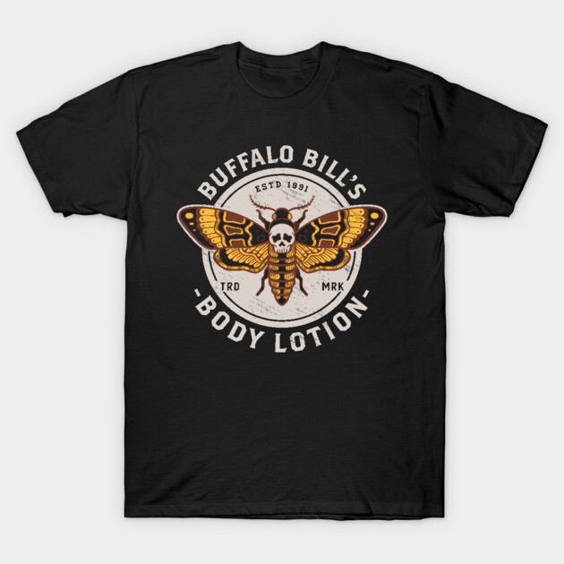 Black graphic t-shirt featuring a vintage-style moth design with "Buffalo Bill's Body Lotion" text.