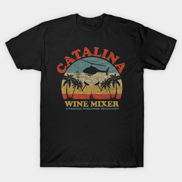 Black graphic t-shirt with "Catalina Wine Mixer" design, featuring helicopter, palm trees, and vintage sunset style.