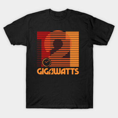 Black t-shirt with retro red and orange graphic design featuring "Gigawatts" text, perfect for casual wear.