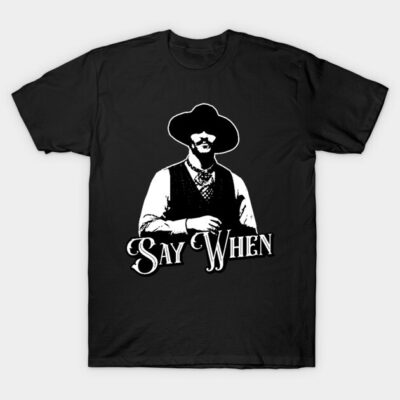 Black t-shirt with vintage western design and "Say When" text, casual wear, cotton material.