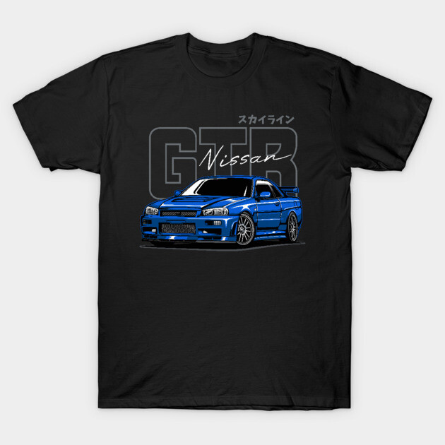 Black t-shirt featuring blue sports car graphic with Nissan GTR text, casual wear, cotton material, unisex design.
