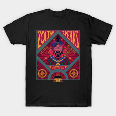 Black T-shirt with colorful Zoltar Speaks graphic, ideal for casual wear, made from soft cotton material.