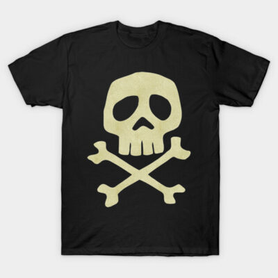Black t-shirt with skull and crossbones design, casual style, cotton material, suitable for everyday wear.