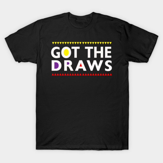 Black t-shirt with colorful "Got the Draws" text design, casual style, ideal for everyday wear.