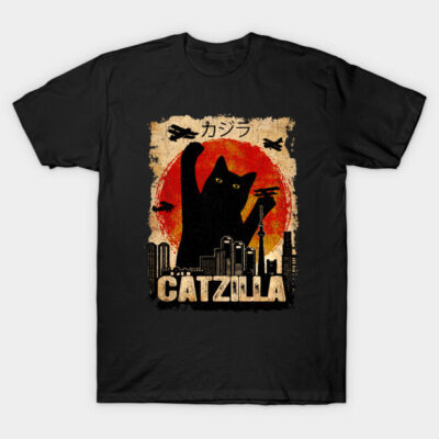 Black "Catzilla" graphic t-shirt featuring illustrated cat and cityscape design, casual wear, cotton material.