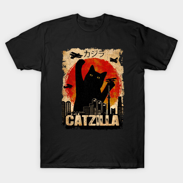 Black "Catzilla" graphic t-shirt featuring illustrated cat and cityscape design, casual wear, cotton material.