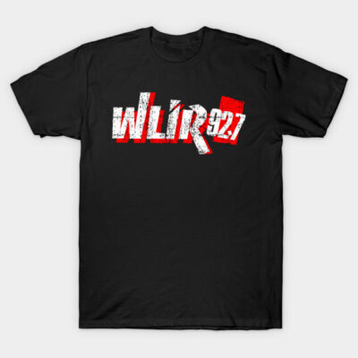 Black t-shirt with distressed white and red "WLIR 92.7" graphic, casual style, made of soft cotton fabric.