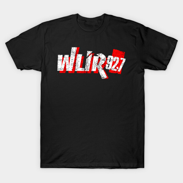 Black t-shirt with distressed white and red "WLIR 92.7" graphic, casual style, made of soft cotton fabric.