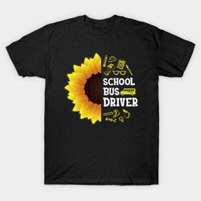 Black t-shirt with yellow sunflower and "School Bus Driver" text design, casual wear, cotton material.