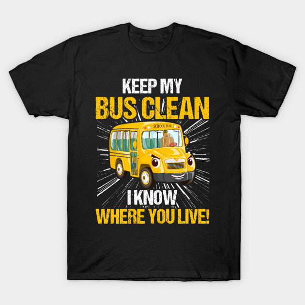 Black t-shirt with humorous school bus graphic and text, ideal for casual wear. Durable cotton material.