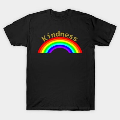 Black T-shirt with "Kindness" and rainbow graphic, casual style, soft cotton, unisex design for everyday wear.