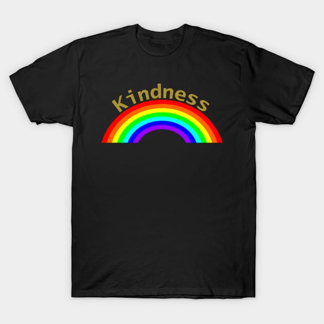 Black T-shirt with "Kindness" and rainbow graphic, casual style, soft cotton, unisex design for everyday wear.