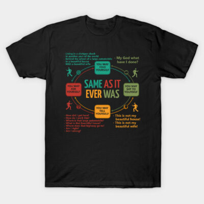 Black t-shirt with colorful text and graphics, featuring quotes and phrases, casual style, cotton material.