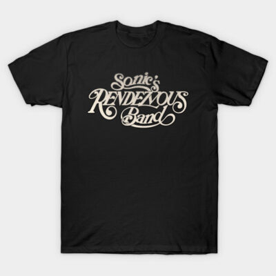 Black cotton t-shirt with "Sonic's Rendezvous Band" text design in vintage style, ideal for casual wear.