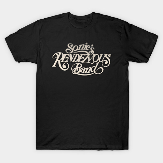 Black cotton t-shirt with "Sonic's Rendezvous Band" text design in vintage style, ideal for casual wear.