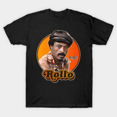 Black graphic T-shirt featuring retro design with bold text "Rollo," ideal for casual wear, made of soft cotton.