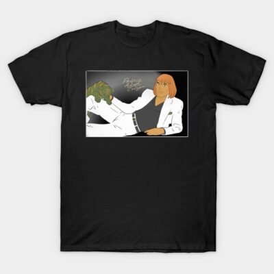 Black t-shirt with a unique graphic design featuring a retro-inspired illustration in white and green tones.
