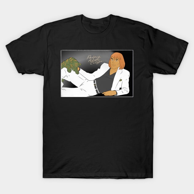 Black t-shirt with a unique graphic design featuring a retro-inspired illustration in white and green tones.