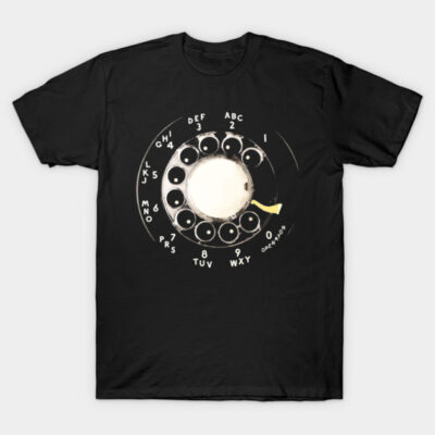 Black T-shirt featuring vintage rotary dial phone design, casual style, 100% cotton, perfect for retro enthusiasts.