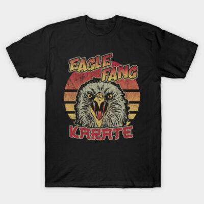 Black t-shirt with vintage eagle design and bold text, perfect for casual wear. Retro style and comfortable cotton material.