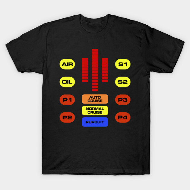 Black t-shirt with colorful retro dashboard design, featuring buttons and text, casual style, cotton material.