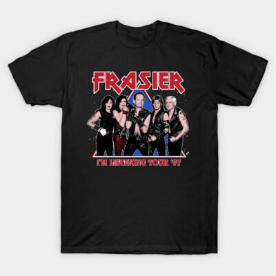 Black graphic t-shirt featuring retro concert tour design, bold text, and vintage style. Perfect for casual wear.