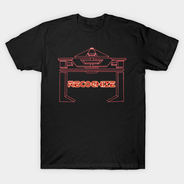 Black t-shirt with red geometric graphic and "Recognize" text, casual style, cotton material. Ideal for everyday wear.