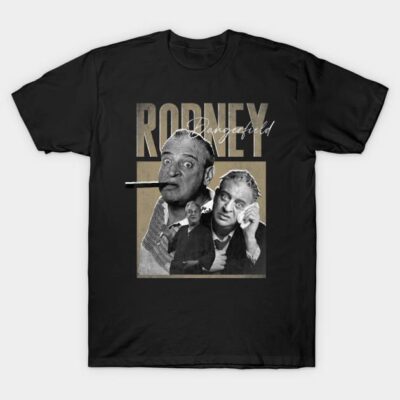Black graphic t-shirt featuring vintage-style comedian print, casual wear, cotton material, unisex design.
