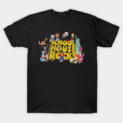 Black graphic t-shirt with "Schoolhouse Rock!" colorful cartoon design, casual style, cotton material.