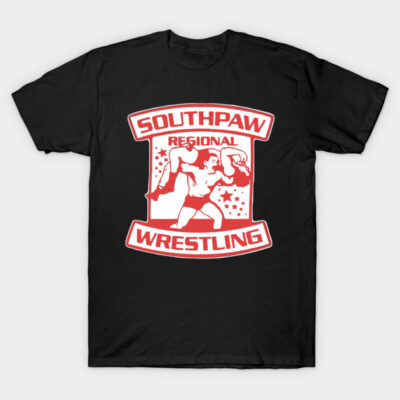 Black t-shirt with red "Southpaw Regional Wrestling" logo, classic fit, cotton material, graphic tee.