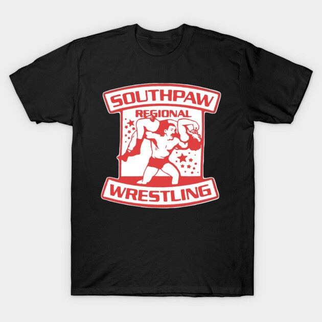 Black t-shirt with red "Southpaw Regional Wrestling" logo, classic fit, cotton material, graphic tee.