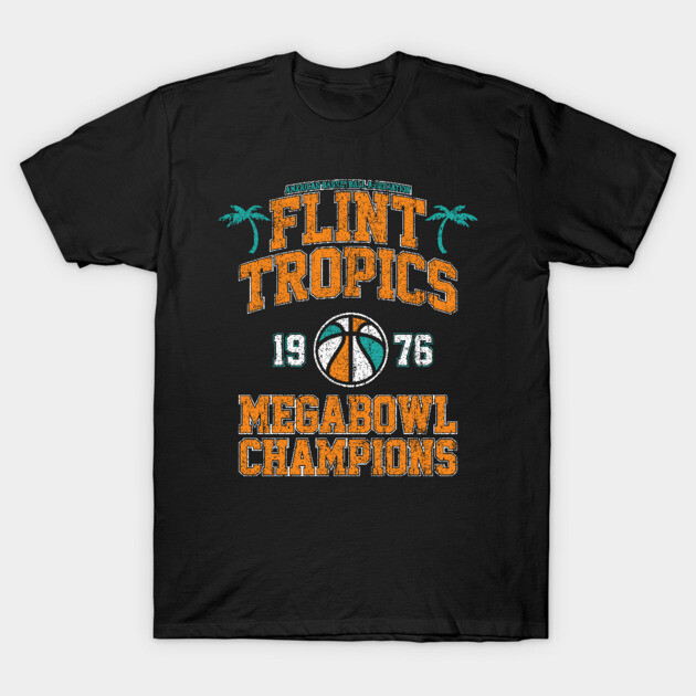 Black Flint Tropics t-shirt, vintage style with orange text and basketball graphic, casual wear for sports fans.
