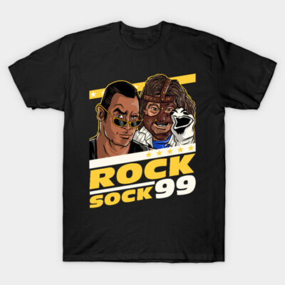 Black graphic t-shirt featuring colorful "Rock Sock 99" design, perfect for casual wear and fans of wrestling themes.