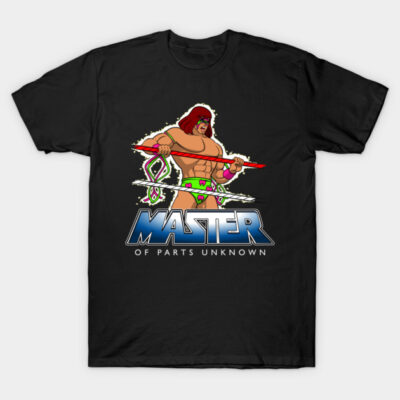 Black graphic t-shirt featuring fantasy warrior design with bold "MASTER" text, suitable for casual wear.