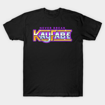 Black graphic tee with "Never Break Kayfabe" text in retro style, ideal for casual wear, 100% cotton material.